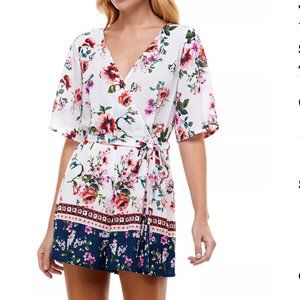 Trixxi Kimono Floral Border-Print Romper